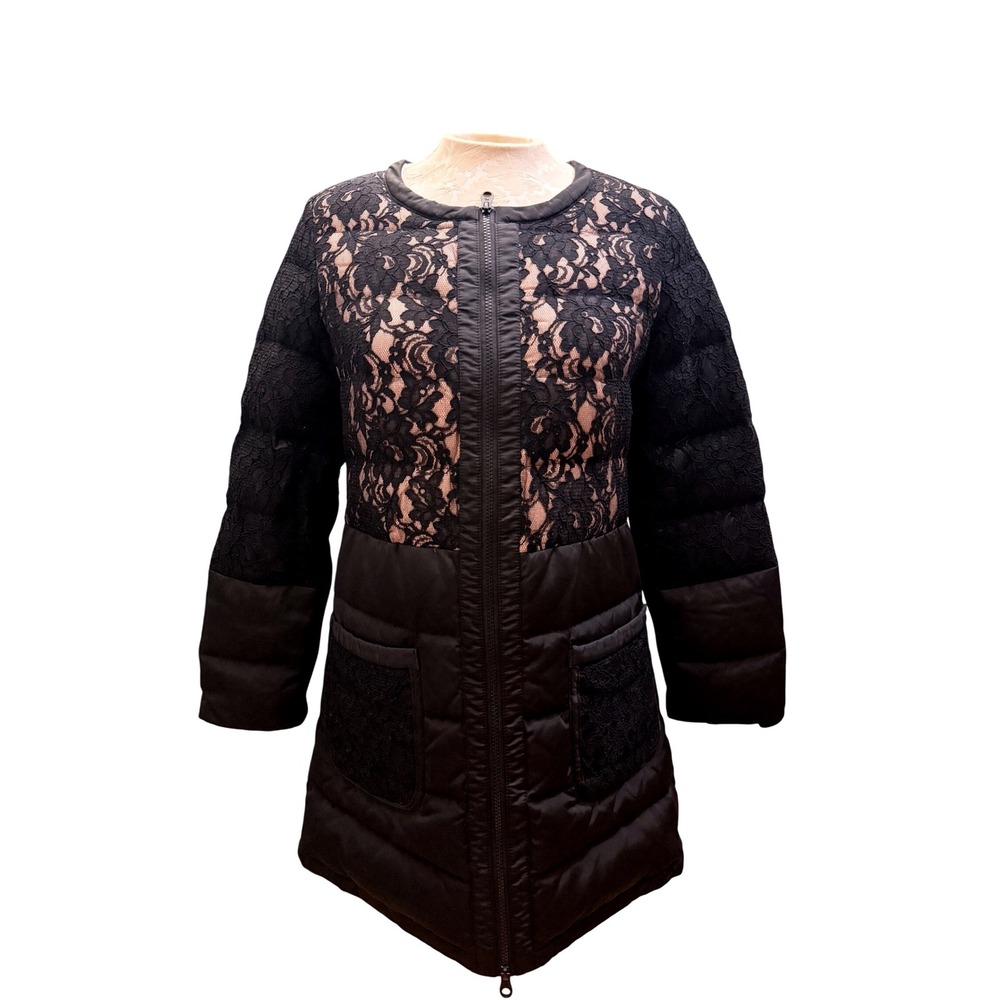 Pianurastudio Roma Black Lace Overlay Quilted Down Puffer Coat Italian 42 Small